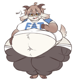 anthro belly belly_overhang big_belly big_moobs bottom_heavy butt_cleavage clothing deep_navel eyewear fat_arms glasses hand_on_belly horn huge_belly huge_moobs huge_thighs ill-fitting_clothing implied_weight_gain leg_rolls low-riding male midriff moobs morbidly_obese morbidly_obese_male navel obese obese_male overweight overweight_male solo text thick_thighs tight_clothing wide_hips xxedge kenta_maeda bovid caprine goat mammal english_text hi_res