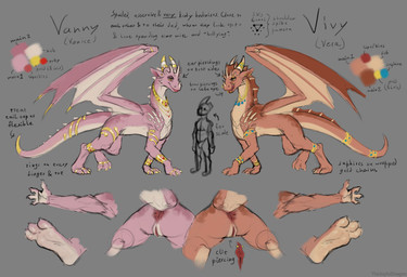 animal_genitalia balls butt clitoris clitoris_piercing ear_piercing ear_ring facial_piercing feet female feral genital_piercing genitals jewelry lip_piercing necklace nose_piercing nose_ring open_mouth paws penis piercing ring ring_piercing sheath snakebite_piercing tail tongue tongue_piercing vulva wings thejoyfuldragon mythology vanny_(thejoyfuldragon) vivy_(thejoyfuldragon) dragon mythological_creature mythological_scalie scalie absurd_res hi_res model_sheet sibling_(lore) sister_(lore) sisters_(lore) twins_(lore)