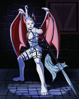 abs anthro balls chastity_cage chastity_device collar fur genitals halberd harness holding_object holding_weapon male melee_weapon membrane_(anatomy) membranous_wings muscular muscular_anthro muscular_male nipples nude open_mouth polearm red_eyes snowflake solo standing weapon white_body white_fur wing_armor wings yuka_koshka bat mammal 4:5 absurd_res hi_res story_at_source