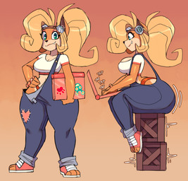 anthro big_butt blonde_hair breasts brown_body brown_fur butt clothed clothing computer cute_fangs electronics eyebrows eyewear eyewear_on_head fangs female fingers footwear fur goggles goggles_on_head hair hand_on_hip hand_on_own_hip laptop long_hair looking_at_viewer low-riding motion_lines multicolored_body multicolored_fur onomatopoeia overalls ponytail sitting solo sound_effects standing tan_body tan_fur teeth text thick_thighs toeless_footwear topwear two_tone_body two_tone_fur wide_hips zr_furious activision crash_bandicoot_(series) coco_bandicoot bandicoot mammal marsupial 2023 absurd_res hi_res