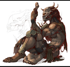 anthro armor bag barefoot black_bars claws clothed clothing dreadlocks feet female female_anthro foot_focus humanoid_feet mask melee_weapon plantigrade soles solo sword toes topless topless_anthro topless_female tube weapon wearing_mask kredri predator_(franchise) alien yautja letterbox