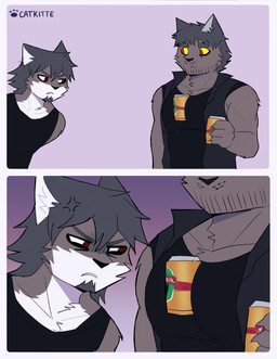 anthro beard beverage_can biped black_clothing black_shirt black_tank_top black_topwear brown_body brown_fur clothing duo facial_hair fur grey_hair hair male muscular muscular_anthro muscular_male red_eyes shirt tank_top topwear white_body white_fur yellow_sclera catkitte canid canine canis mammal wolf 2025 absurd_res hi_res