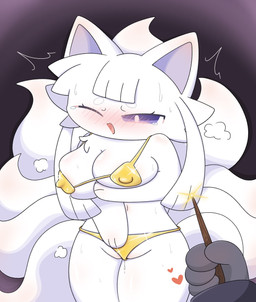 9_tails anthro asian_clothing big_breasts big_tail bikini blush blush_lines breasts clothing duo east_asian_clothing eyelashes female first_person_view front_view fur gold_bikini heart_symbol japanese_clothing kimono male multi_tail purple_eyes squish swimwear tail two-piece_swimsuit white_body white_fur caroll asian_mythology devil_connection makemon mythology tamamo_no_mae_(makemon) canid canine fox fox_spirit mammal absurd_res hi_res