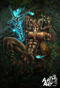abs armor balls bedroom_eyes big_balls blue_eyes bovid_horn caprine_horn cedarick detailed_background digitigrade ear_piercing fantasy flaccid forest genitals horn humanoid_genitalia humanoid_penis magic male melee_weapon muscular narrowed_eyes nipples penis piercing plant presenting ram_horn seductive shield smile solo spread_legs spreading sword tree unconvincing_armor weapon astropandaart arthropod bovid butterfly caprine insect lepidopteran mammal hi_res