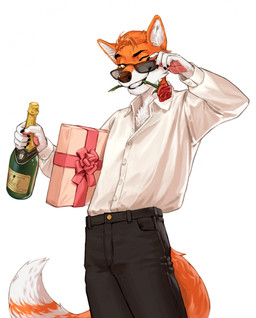 alcohol alcohol_bottle anthro beverage beverage_bottle bottle bottomwear box claws clothing container dipstick_tail eyewear finger_claws flower flower_in_mouth fur gift_bow gift_box glasses hair inner_ear_fluff male markings one_eye_closed orange_body orange_fur pants plant rose_(flower) rose_in_mouth shirt simple_background solo standing tail tail_markings text topwear tuft wearing_glasses white_background white_body white_fur wine wink yellow_eyes spiritinchoco canid canine fox mammal 2026 digital_media_(artwork) hi_res portrait russian_text three-quarter_portrait