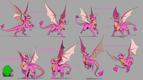 3_toes 4_fingers all_fours blue_eyes confusion dialogue duo feet female feral fingers flying hiding horn jewelry male multiple_poses necklace pink_body plant pose shrub simple_background smile tail teeth text toes wings apollyondragon activision mythology spyro_the_dragon ember_(spyro) spyro dragon mythological_creature mythological_scalie scalie 16:9 2025 digital_media_(artwork) english_text hi_res widescreen