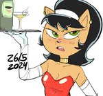 2024 accessory annoyed anthro armwear black_hair blush choker clothing cocktail_glass container cup dated dbaru digital_drawing_(artwork) digital_media_(artwork) domestic_cat dress drinking_glass ear_piercing elbow_gloves eye_roll felid feline felis female fur glass glass_container glass_cup gloves gold_(metal) gold_choker gold_jewelry gold_necklace green_eyes hair hair_accessory hairband handwear jewelry kitty_katswell mammal necklace nickelodeon piercing red_clothing red_dress serving_tray simple_background solo t.u.f.f._puppy tan_body tan_fur white_background wine_bottle