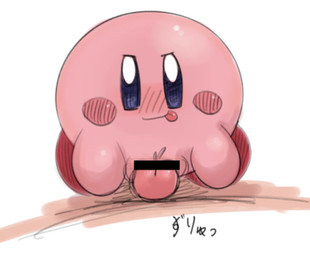 blue_eyes blush censor_bar duo female first_person_view genitals grinding ineffective_censorship larger_male leg_markings looking_at_viewer male male/female male_pov markings not_furry on_model pink_body red_markings size_difference smaller_female socks_(marking) straddling tongue tongue_out vulva poi_(artist) kirby_(series) nintendo kirby human mammal waddling_head censored