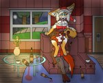 alcohol anthro beverage blue_eyes brown_hair canid canine canis chair chest_tuft christmas christmas_clothing christmas_headwear clothed clothing container cup detailed_background digital_drawing_(artwork) digital_media_(artwork) doubutsunosekai drinking_glass drunk duo female fox furniture glass glass_container glass_cup hair half-closed_eyes hat headgear headwear hi_res holidays male male/female mammal multicolored_body narrowed_eyes night on_chair open_mouth orange_eyes santa_hat sitting sitting_on_another sitting_on_chair spilled_drink substance_intoxication tongue tongue_out tuft two_tone_body white_body white_hair wine wine_glass