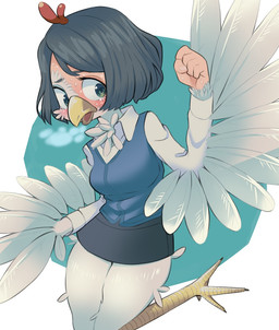 beak bottomwear breasts clothing feathered_wings feathers feet female hair shirt short_hair simple_background skirt solo species_transformation talons toes topwear transformation wings chinchirabbit avian bird human mammal 2019 digital_media_(artwork)