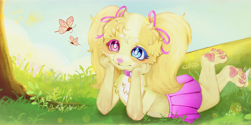 accessory anthro bottomwear bow_ribbon clothing collar collar_tag female forest forest_background grass hair_accessory hair_bow hair_ribbon happy heterochromia kicking_feet lying lying_on_grass on_front on_grass on_ground pawpads pigtails pink_pawpads plains plant ribbons skirt solo tree anonymous_artist dollie_(triixs) bird_dog canid canine canis cocker_spaniel domestic_dog hunting_dog mammal spaniel absurd_res hi_res