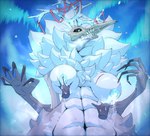 antlers areola aurora_(phenomenon) big_breasts blizzard_(weather) blue_areola blue_eyes blue_nipples bodily_fluids bone breast_grab breast_squish breasts breath clawed_fingers countershade_torso countershading detailed_background disembodied_hand female first_person_view fluffy glowing glowing_eyes hand_on_breast hip_grab horn lactating larger_female looking_at_viewer looking_down mane markings mature_female milk muscular muscular_female nipples ribbons scar size_difference skull skull_head snow solo squish white_body permaclot american_mythology indigenous_north_american_mythology mythology north_american_mythology jylha deer hybrid mammal new_world_deer reindeer wendigo hatching_(art) hi_res shaded