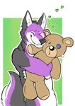 anthro black_body black_fur black_nose button_(fastener) button_eyes eyes_closed freckles fur heart_symbol holding_object hug male multicolored_body plushie purple_body purple_fur simple_background smile solo teddy_bear teeth whiskers white_body white_fur memburu canid canine canis domestic_dog mammal 2014