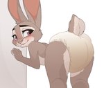 anthro bent_over blush butt clothed clothing diaper diaper_only feces female hand_on_wall long_ears presenting presenting_diaper presenting_hindquarters smile soiled_diaper soiling solo topless unclean_diaper used_diaper wall_(structure) wearing_diaper messyszop disney zootopia judy_hopps lagomorph leporid mammal rabbit hi_res