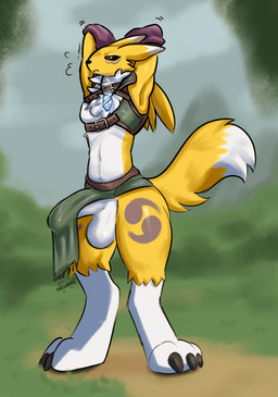 anthro arm_tuft armwear balls big_balls big_penis black_sclera blue_eyes bridal_gauntlets bulge claws clothed clothing detailed_background dipstick_ears dipstick_tail double_tomoe ear_markings facial_markings fur genitals grass hands_behind_head head_markings leg_markings male markings multicolored_ears neck_tuft outside partially_clothed penis plant shoulder_tuft socks_(marking) solo tail tail_markings thick_thighs tomoe_(symbol) tuft white_balls white_body white_fur white_penis yellow_body yellow_fur fallflys bandai_namco digimon canid digimon_(species) mammal renamon 2024 hi_res
