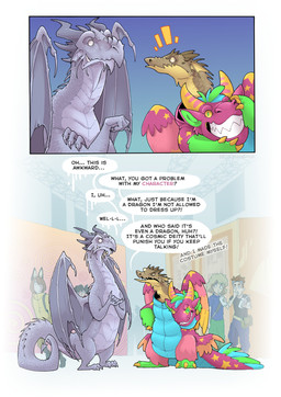 2_horns 3_toes 4_wings ambiguous_gender angry anthro back_spikes biped cheek_spikes chin_spikes clasped_hands claws clothing container costume crowd_watching cup dialogue duo_focus facial_spikes fangs feathered_wings feathers feet fur furry_wearing_fursuit fursuit fursuit_head green_body green_eyes grey_body grey_scales group heterochromia horn markings membrane_(anatomy) membranous_wings multi_wing neck_spikes nervous offended open_mouth outside pink_body pink_fur scales spade_tail speech_bubble spiked_tail spikes spikes_(anatomy) standing star_(marking) stuttering tail tapering_tail teeth text toes ventral_scales wide_smile wing_claws wings yellow_eyes kogotsuchidark european_mythology mythology dragon human mammal mythological_creature mythological_scalie scalie western_dragon absurd_res comic english_text hi_res
