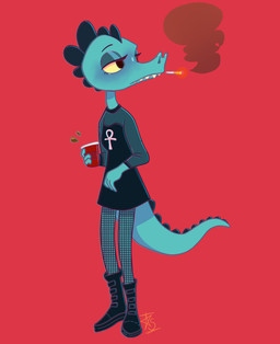 anthro beverage cigarette container cup female green_body half-closed_eyes holding_object long_tail narrowed_eyes red_background simple_background smoking solo spikes standing tail yellow_sclera astrafortune night_in_the_woods bea_santello crocodile crocodilian reptile scalie 2020 hi_res