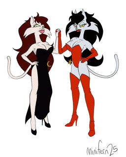 anthro armwear big_breasts black_clothing black_dress boots breasts clothing dress duo elbow_gloves female footwear fur gloves green_eyes green_sclera handwear high_heeled_boots high_heels jewelry legwear lips markings mole_(marking) moon necklace red_clothing shoes star thigh_boots thigh_highs white_body white_fur minifern 20th_century_fox eek!_the_cat fox_kids nelvana pam_(eek!_the_cat) polly_(eek!_the_cat) domestic_cat felid feline felis mammal 2025 digital_media_(artwork) hi_res