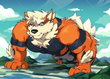 abs anthro barazoku biceps big_muscles bodily_fluids bottomwear clothed clothing exercise fur heterochromia macro macro_anthro macro_male male male_anthro muscular muscular_anthro muscular_male orange_body orange_fur outside pecs push-up shorts shorts_only solo sweat sweatdrop sweaty_body topless tuft underwear oinu_kori nintendo pokemon kori_(oinu_kori) arcanine canid canine generation_1_pokemon mammal pokemon_(species) digital_media_(artwork) hi_res