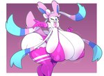 anthro areola big_breasts big_butt blush breasts butt clothed clothing female fur huge_breasts huge_butt hyper looking_at_viewer open_mouth pink_areola simple_background smile solo thick_thighs white_body thiccbuns nintendo pokemon domestic_cat eeveelution felid feline felis generation_6_pokemon mammal pokemon_(species) sylveon digital_media_(artwork) hi_res