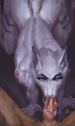all_fours alternative_fashion anthro athletic bodily_fluids fellatio female genitals glare glaring glaring_at_viewer looking_at_viewer muscular muscular_female oral penile penis punk saliva saliva_on_penis saliva_string sex solo monduck renira canid canine canis mammal wolf absurd_res hi_res