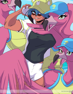 anthro ball baseball_(ball) baseball_cap baseball_uniform beak black_nose blue_hair bottomwear breasts clothed clothing feathers female group hair hat headgear headwear open_beak open_mouth pink_body pink_feathers shirt shorts sportswear tank_top topwear uniform yawg brand_new_animal studio_trigger michiru_kagemori the_pink_flamingos_(brand_new_animal) avian bird canid canine flamingo mammal raccoon_dog hi_res