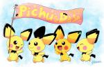 ambiguous_gender banner black_nose brown_eyes eyes_closed group holding_object one_eye_closed open_mouth open_smile pink_cheeks pokeball red_cheeks smile sparkles standard_pokeball text walking wink yellow_body harara nintendo pokemon generation_2_pokemon pichu pokemon_(species) shiny_pokemon 2018 english_text hi_res