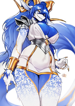5_fingers anthro big_breasts biped blue_body blue_eyes blue_fur blue_hair blue_sclera blue_tail breasts claws clothed clothed_anthro clothed_female clothing female finger_claws fingers front_view fur hair horn long_hair looking_at_viewer low-angle_view navel navel_outline non-mammal_breasts non-mammal_navel simple_background smile solo standing tail thick_thighs white_background wide_hips shermugi mythology dragon mythological_creature mythological_scalie scalie 2026 absurd_res digital_drawing_(artwork) digital_media_(artwork) hi_res