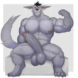 anthro areola balls barazoku big_balls big_muscles big_pecs big_penis biped black_hair blush body_hair digitigrade ear_piercing ear_ring erection feet fingers fist flexing flexing_bicep foreskin front_view fur genitals glans grey_background grey_body grey_fur hair hairy_balls huge_balls huge_pecs huge_penis humanoid_hands looking_at_viewer male markings musclegut muscular muscular_anthro muscular_arms muscular_legs muscular_male nipples nude_anthro nude_male open_mouth partially_retracted_foreskin pecs penis piercing ring_piercing short_hair simple_background sitting smile solo spots spotted_markings tail teeth toes vein veiny_penis fleshformomo momo_(fleshformomo) hyena mammal 2025 colored hi_res