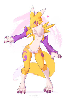 3_fingers 3_toes anthro armwear barefoot belly_tuft black_sclera blue_eyes blush bow_panties bow_underwear breasts bridal_gauntlets claws clothed clothing digitigrade dipstick_ears dipstick_tail ear_markings feet female fingers fluffy fluffy_tail fur fur_markings heart_symbol markings multicolored_ears navel_tuft nipples on_model one_breast_out panties panties_only pink_clothing pink_panties pink_underwear ruff slim small_breasts smile solo standing tail tail_markings toes topless tuft underwear underwear_only wide_hips wings ancesra bandai_namco digimon canid canine digimon_(species) mammal renamon 2:3 digital_media_(artwork) hi_res shaded watermark