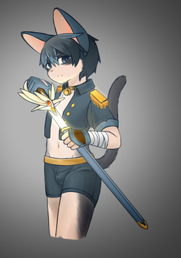 anthro arm_wraps bell bell_collar biped bottomwear bulge clothed clothed_anthro clothed_male clothing collar cropped_jacket epaulet gem gloves hair handwear holding_melee_weapon holding_object holding_sword holding_weapon humanoid_hands jacket kemono looking_aside male male_anthro melee_weapon navel open_clothing open_jacket open_topwear raised_tail scabbard shorts simple_background solo sword tail topwear weapon wraps young young_anthro young_male misakatsuneko domestic_cat felid feline felis mammal 2017 absurd_res digital_media_(artwork) hi_res portrait three-quarter_portrait