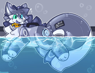 collar feral fur heterochromia horn inflatable male partially_submerged pool_toy solo text water rezevenix mythology animate_inanimate dragon furred_dragon furred_scalie living_inflatable mythological_creature mythological_scalie scalie absurd_res english_text hi_res