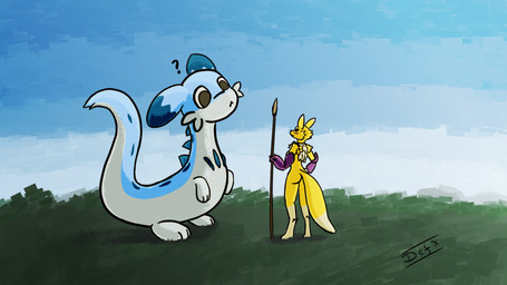ambiguous_gender anthro confusion duo female feral melee_weapon nude nude_female polearm question_mark spear standing weapon cansinodx bandai_namco digimon palworld pocketpair canid chillet digimon_(species) mammal pal_(species) renamon 16:9 2024 crossover hi_res widescreen