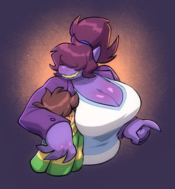 anthro big_breasts blush breasts claws cleavage clothed clothing duo female gesture grin hair hair_over_eyes hand_gesture hug huge_breasts human_on_anthro interspecies male male/female non-mammal_breasts obscured_eyes pointing ponytail sharp_teeth smile sweater teeth topwear bigdad deltarune undertale_(series) kris_dreemurr susie_(deltarune) human mammal reptile scalie half-length_portrait hi_res portrait