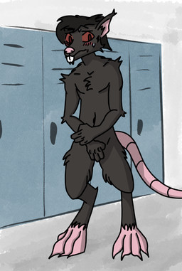 anthro blush bodily_fluids buckteeth chest_tuft covering covering_crotch covering_self digitigrade embarrassed locker_room male nude nude_male red_eyes solo sweat sweatdrop teeth tuft cronkle(artist) mammal murid murine rat rodent hi_res