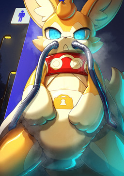 ambiguous_gender anthro biped blue_eyes clean_diaper clothed clothing costume detailed_background diaper fumes glistening hosesuit implied_chastity lock_symbol tight_clothing 996_9696 cygames world_flipper light_(world_flipper) canid canine fox mammal 2025 digital_media_(artwork) hi_res