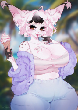 5_fingers anthro bangs black_hair black_markings blue_bottomwear blue_clothing blue_pants blurred_background bottomwear brown_eyes clothed clothing collarbone crop_top eyebrows female fingers food freckled_face freckles fur hair holding_food holding_ice_cream_cone holding_object ice_cream_cone ice_cream_on_breasts inner_ear_fluff lips markings multicolored_hair navel open_clothing open_topwear outside pants pink_lips pink_nose pink_tongue shirt short_hair solo tongue tongue_out topwear tuft two_tone_hair white_body white_clothing white_crop_top white_eyebrows white_fur white_hair white_topwear wide_hips mokkapie felid feline lynx mammal colored digital_drawing_(artwork) digital_media_(artwork) hi_res shaded