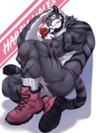 abs anthro beard biceps black_hair black_stripes boots butt chest_markings clothing facial_hair flower flower_in_mouth footwear fur grey_body grey_fur hair holidays jockstrap male markings muscular muscular_anthro muscular_male muscular_thighs obliques pawpads pink_boots pink_clothing pink_footwear pink_stripes plant purple_markings rose_(flower) rose_in_mouth shadow shoes socks solo striped_body striped_fur stripes text thorns triceps underwear white_body white_clothing white_footwear white_fur white_hair white_socks yellow_eyes estper valentine's_day ein_(estper) felid mammal pantherine tiger 2022 absurd_res english_text hi_res