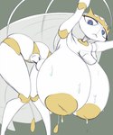 ambiguous_fluids antennae_(anatomy) anthro areola big_breasts blue_eyes breasts female fluid_on_breasts genitals hanging_breasts huge_breasts hyper hyper_breasts nipples non-mammal_breasts non-mammal_nipples solo white_body yellow_areola yellow_nipples imric1251 nintendo pokemon generation_7_pokemon pheromosa pokemon_(species) ultra_beast 5:6 hi_res