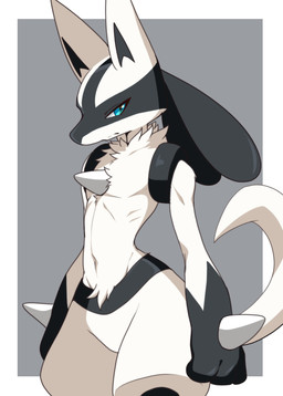 alternate_color ambiguous_gender anthro black_markings blue_eyes chest_spike featureless_chest featureless_crotch frown fur geometric_background hand_spike looking_at_viewer markings navel neck_tuft paws simple_background skinny snout solo spikes spikes_(anatomy) standing tail tuft white_body white_fur netiel nintendo pokemon generation_4_pokemon lucario pokemon_(species) 2026 hi_res japanese_description portrait three-quarter_portrait