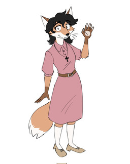 anthro belt black_hair buckled_boots clothing cross cross_necklace dress female footwear fur hair jewelry necklace necklacke orange_body orange_fur pawpads shoes socks solo whiskers rivka_(artist) rivka_(rivka) canid canine fox mammal hi_res