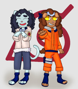 anthro clothed clothing cosplay crossdressing duo female male male/female riverxa naruto hinata_hyuga merry_(riverxa) naruto_uzumaki river_(riverxa) canid canine domestic_cat felid feline felis mammal hi_res