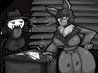 anthro anthrofied breasts cigarette clothing coat desk duo fedora female frown furniture hand_on_desk hand_on_hip hat headgear headwear neck_tuft office open_mouth open_smile paper scowl sharp_teeth smile table teeth tongue tongue_out topwear trenchcoat tuft derocrossh mario_bros nintendo pokemon boo_(mario) eevee generation_1_pokemon pokemon_(species) 4:3 black_and_white monochrome
