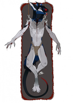 anthro black_hair black_sclera blood blue_body blue_fur bodily_fluids bottomwear clothed clothing forked_tongue fur gore grey_body grey_fur grey_tongue hair imminent_death loincloth looking_at_viewer male navel red_eyes red_nose red_tongue simple_background slit_throat solo tongue tongue_out topless riorix species_request 2017 dated full-length_portrait hi_res portrait signature