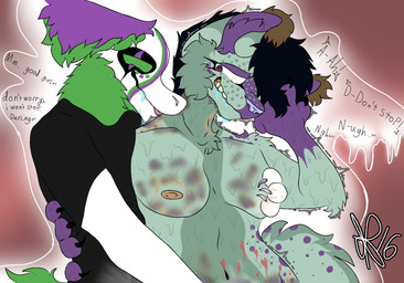 anthro areola bite_mark bodily_fluids breasts bruised cum duo female female/female fluffy fluffy_koifish genital_fluids hickey hyena_lynx koifish medium_breasts nipples text unknown_artist dinosaur dromaeosaurid prehistoric_species reptile scalie theropod english_text