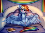2020 bed blue_body blue_feathers blush book digital_media_(artwork) equid equine eyebrows feathered_wings feathers female feral friendship_is_magic furniture genitals hasbro hi_res hooves looking_at_viewer mammal my_little_pony mythological_creature mythological_equine mythology on_bed pegasus pussy rainbow_dash_(mlp) semi-anthro setharu signature solo spread_legs spreading underhoof wings