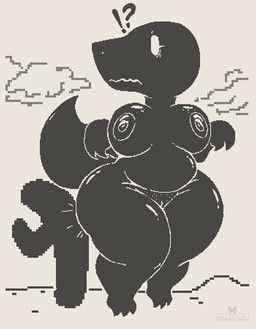 anthro areola beady_eyes big_breasts black_areola black_body black_nipples black_scales breasts cactus cloud exclamation_point eyelashes female front_view genitals grey_background grey_eyes nipples nude plant pubic_stubble question_mark scales simple_background slightly_chubby solo thick_thighs vulva wide_hips razgrizdl google google_chrome dinosaur_(google_chrome) dinosaur prehistoric_species reptile saurischian scalie theropod tyrannosaurid tyrannosauroid tyrannosaurus tyrannosaurus_rex