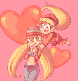 5_toes alternative_fashion amekaji anthro bare_shoulders barefoot blonde_hair blue_eyes brown_body brown_fur clothing duo ear_piercing ear_ring feet female fur ganguro_(fashion) green_eyes gyaru hair hat headgear headwear heart_symbol hoop_ear_ring j-fashion jewelry long_hair midriff navel piercing pigtails ring_piercing toes y2k_(fashion) solstice-rose donkey_kong_(series) nintendo dixie_kong tiny_kong haplorhine kong mammal monkey primate hi_res pink_theme sibling_(lore) sister_(lore) sisters_(lore)