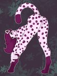 anthro bent_over biped blush bodily_fluids cheek_spots female flexible genital_fluids genitals green_eyes hair leaf leg_markings long_hair long_legs long_tail looking_back markings paws pink_body purple_hair purple_spots pussy raised_tail socks_(marking) solo spots tail tuft vaginal_fluids whiskers syrupcoyote raspberry_(syrupcoyote) felid feline leopard mammal pantherine 2020 3:4 hi_res signature