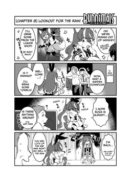 anthro bottle breasts bunny_costume cleavage clothed clothing container costume dialogue fake_ears fake_rabbit_ears female fluffy fluffy_tail group highlights_(coloring) humor kemono male speech_bubble tail text wet wet_body teteteko bunnimals sakura-gear marie_gold_(bunnimals) roza_(bunnimals) canid canine canis fox human mammal wolf 4koma comic english_text hi_res monochrome